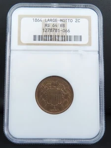 1864 Large Motto NGC MS64 RB 2 Cent Piece US Type Coin - Picture 1 of 2