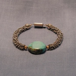 Pulsera de cadena de palomitas de maíz de plata de ley con piedra turquesa, cierre de cierre de caja - Imagen 1 de 12