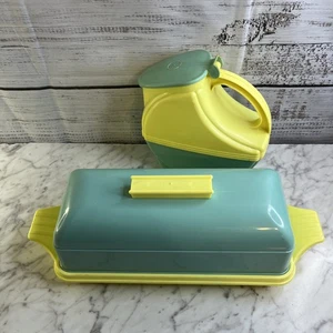 Vintage Burrite Burroughs Brotkasten Getränkekrug Retro blau gelb 2 Stück - Bild 1 von 24