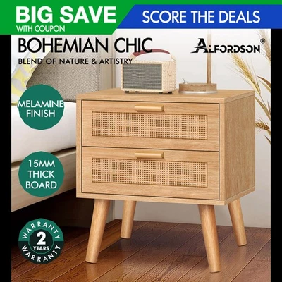 ALFORDSON Bedside Table Nightstand Side Storage Cabinet Boho Rattan Wood - image 1 of 4