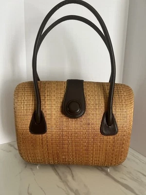 Le Sac Woven Handbag with Black Leather handle, accents, retro style - Image 1 of 4