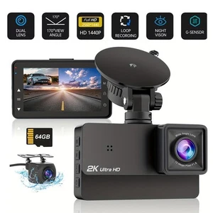 3'' Ultra HD 2K Dash Cam Front and Rear Dual Dash Camera Car DVR w/ 64GB SD Card - Picture 1 of 6
