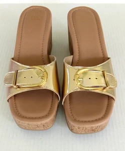 Sz 11 Time and Tru Gold Tan Cork Platform Buckle Slip-On Sandals Women Shoes - Picture 1 of 12