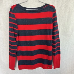Tommy Hilfiger Womens Sweater Red Blue Striped Sparkle Knit Pullover Size S - Picture 1 of 8