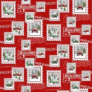 Vintage, Red, Green Trucks, Stamps, Christmas, Henry Glass Fabrics, 9098-88 - Picture 1 of 1
