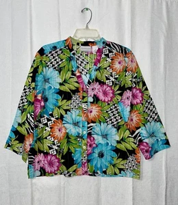 Alfred Dunner Sz 16P Fun Bright Multicolor Floral Top Button Up V-neck Cruise - Picture 1 of 21