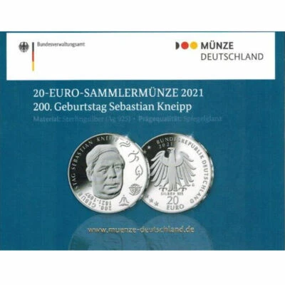 2021 Germany € 20 Euro Silver Proof Coin - Sebastian Kneipp 200 Years - Image 1 of 3
