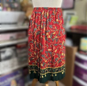 Vtg Pleated Satin Skirt 90s Old Money Baroque Tassel Print Ribbon Christmas 12P - Picture 1 of 8