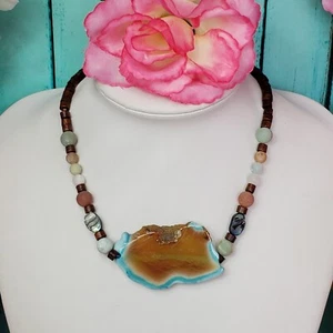 Catherine Popesco France Choker Necklace Agate Slice Pendant Wood & Sea Glass - Picture 1 of 12