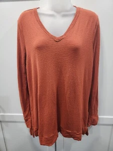 Adrianna Papell Top Womens Medium Burnt Orange Texture V Neck Long Sleeve - Picture 1 of 5
