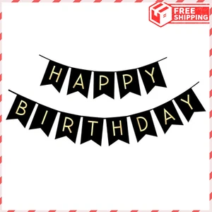 Black Happy Birthday Bunting Banner with Shiny Gold Letters - Picture 1 of 4