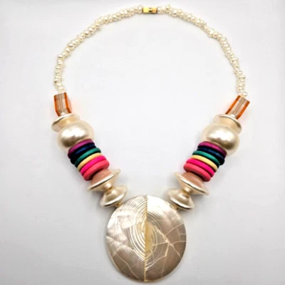 Fun Multicolor Wood Disc Beads Faux Pearls MOP Pendant Summer Necklace - Image 1 of 4