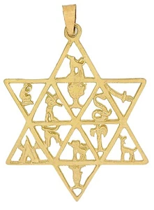 14K Gold Davidstern Anhänger ausgeschnitten zwölf 12 Stämme - 3,70g - 45mm x 30mm #60 - Bild 1 von 1