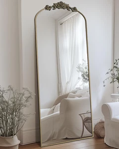 Arched Full Length Mirror 64"x21" with Carved Metal Frame - Bronze Finish - Picture 1 of 12