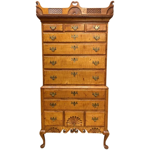 Dunlap School Tiger Maple Two Part Highboy or High Chest circa 1880 Cover