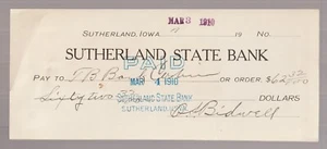 Antique 1910 used check - Sutherland State Bank, Iowa - Picture 1 of 1