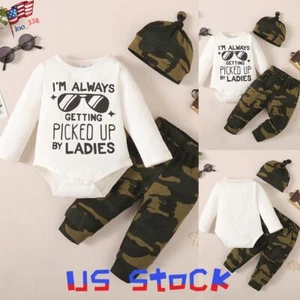 3PCS Newborn Kids Baby Boys Letter Clothes Romper Tops Pants Hat Outfits Sets - Picture 1 of 7
