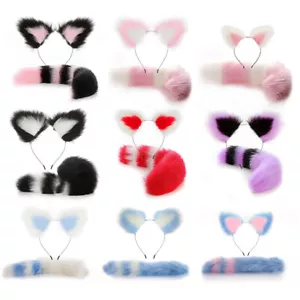 Faux Fur Fox Cat Ears Headband and Furry Long Tail Women Girl Cosplay Costume - Picture 1 of 26