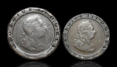 很棒的英国。 乔治三世,铜制车轮 Twopence 和便士,1797 年,批量 2 — 第 1/3 张图片