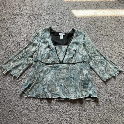 Vintage Y2K Silk Blouse 20W Teal Paisley Chiffon 3/4 Sleeve Fairy Whimsigoth - Image 1 of 4