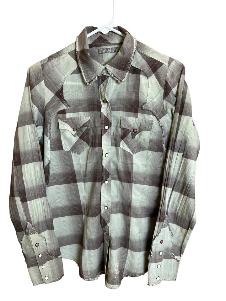 Cruel Girl Shirt Women's Size L Green Plaid Pearl Front Snap Distressed Rodeo - Image 1 of 4
