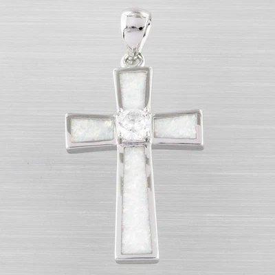 Cross 5mm Simulated Moissanite White Fire Opal Silver Jewelry Necklace Pendant - Image 1 of 4
