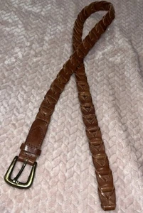 Cinturón de cuero marrón tejido vintage para mujer M en bucle y trenzado con hebilla de latón - Imagen 1 de 7