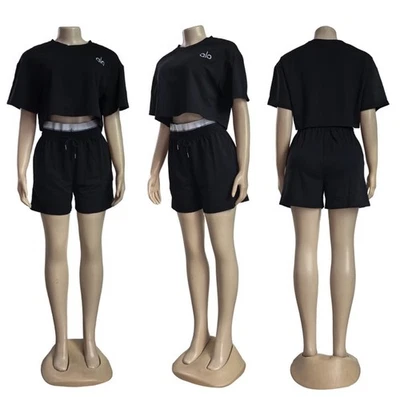 Conjunto de 2 piezas inspirado en Alo negro crop top y shorts talla L Foto 1 de 2