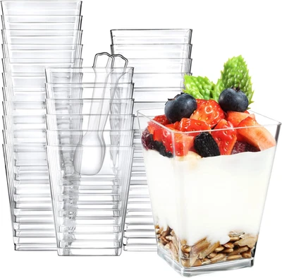 100 Pack 5 Oz Square Clear Plastic Dessert Cups with Spoons Small Clear Plastic  - Image 1 of 4