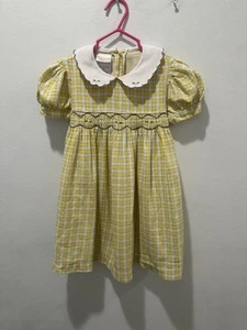 Vintage OshKosh gesmoktes Kleid 3T gelb Gingham bestickt Kragen Puffärmel - Bild 1 von 8