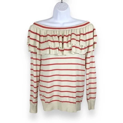 Off Shoulder Ruffled Neckline Long Sleeve Striped Sweater Sz S - Image 1 of 4
