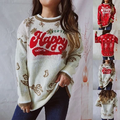 Women Christmas Knitted Jumper Tops Sweatshirt Xmas Pullover Sweater Knitwear - Image 1 of 4