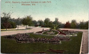 1913 Postcard Newberry Boulevard Entrance to Lake Park Milwaukee WI Wis Flowers - Picture 1 of 2