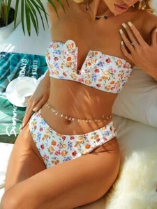 ZAFUL Women's Strapless Bandeau Bikini Ribbed V Wired Lace Up Ruffle Tie Swim - Picture 1 of 7