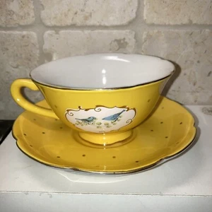 Yellow Anthropologie BLUE BIRD Tea Cup Saucer Set Gold rim Polka Dot RETIRED - Picture 1 of 10