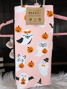 Casba PASTEL PINK Smiling Ghosts + Pumpkins Kitchen Towel Set Halloween - Picture 1 of 2