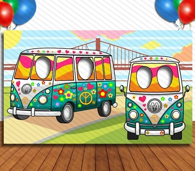 Furgoneta hippie, recorte de cara con tema de vehículo, 42x72" foto standee, utilería para fotos de fiesta Foto 1 de 4
