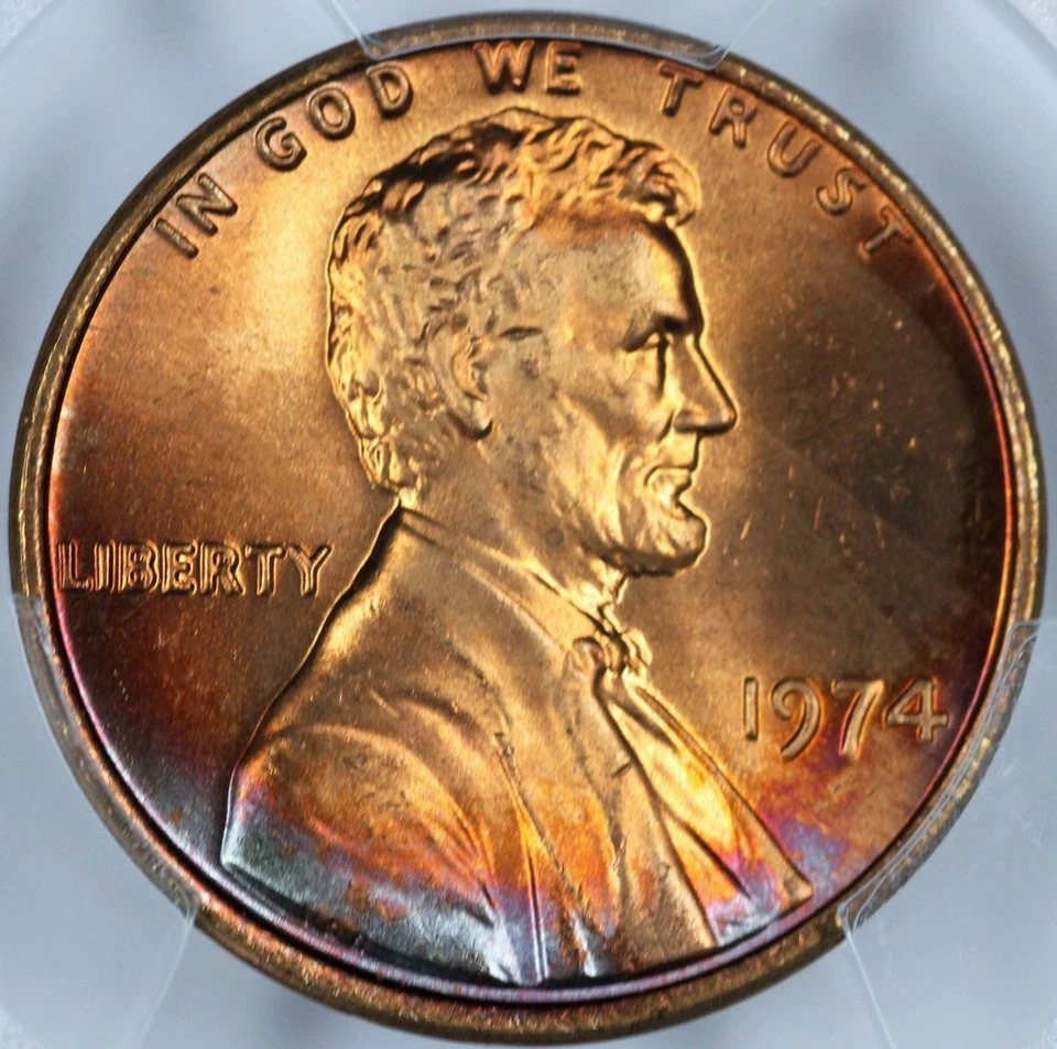1974 PCGS MS66+RD Rainbow Toned Lincoln Cent 47379934 - Image 1 of 3