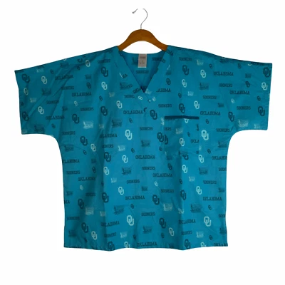 OKLAHOMA SOONERS OU TEAL BLUE V-NECK SCRUB TOP NURSING RN MEDICAL LARGE - Image 1 of 4
