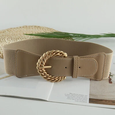 Women Faux Leather Waist Belt Metal Pin Buckle Elastic Stretch Wide Waistband ✲ - Image 1 of 4