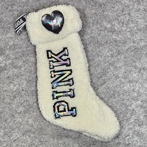 Victoria's Secret PINK Christmas Stocking White Sherpa Sewn In Dog Logo - Picture 1 of 8