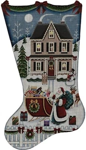 Needlepoint Handpainted Rebecca Wood Christmas Stocking Santas Arrival 19" - Picture 1 of 1