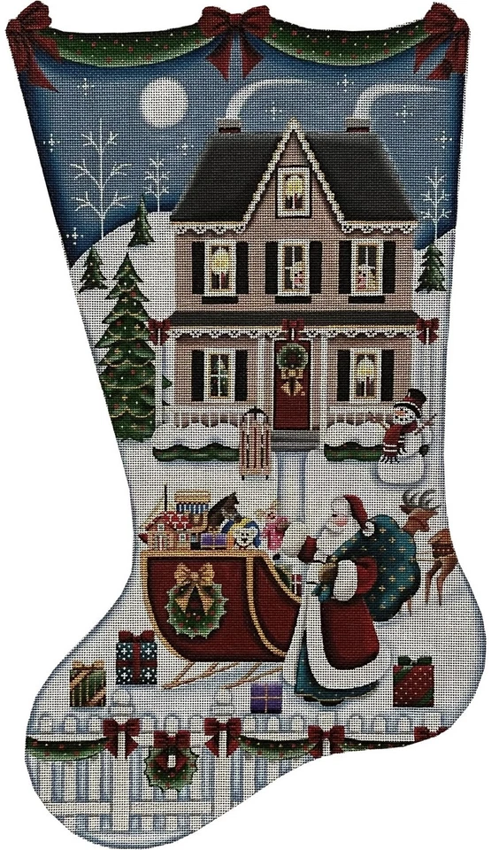 Needlepoint Handpainted Rebecca Wood Christmas Stocking Santas Arrival 19" - Image 1 of 1