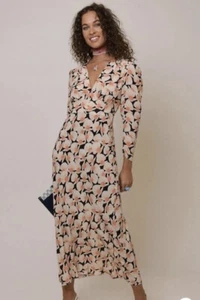 Rixo Selma Perlen Muschel Koralle Blumen Seide Midikleid Größe Small UK 10 - Bild 1 von 12