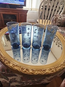 VINTAGE 4 LIBBEY TAWNY BLUE FLORAL GLASSES TALL TUMBLERS 6.5" - Picture 1 of 2