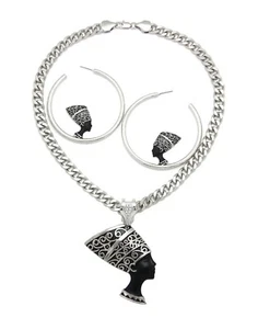 Women's Faux Silver-Plated Egyptian Queen Nefertiti Necklace & Hoop Earrings Set - Picture 1 of 5