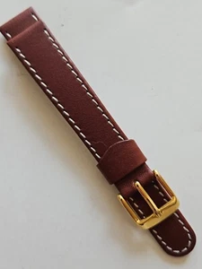 16mm - Brown / White Stitches Leather Watch Band - (Gold Buckle) - Picture 1 of 5