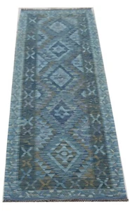 Alfombra Corredor Kilim Azul y Beige Genuina Afgana Hecha a Mano Tribal Lana 84x248 cm - Imagen 1 de 4