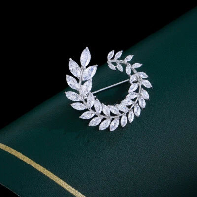 Top Sparkly Olive Branch Leaf CZ Zirconia Brooch Pins Scarf Buckle Party Jewelry - Image 1 of 4