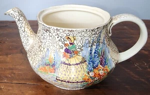 Vintage Tunstall England Gold Flowers Teapot With Yellow Dress Woman - Picture 1 of 3